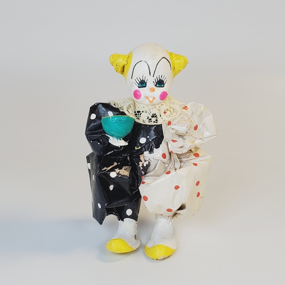 Vintage Handmade Paper Mache Clown Neon Face Multicolor Red Black Polka Dot 6"